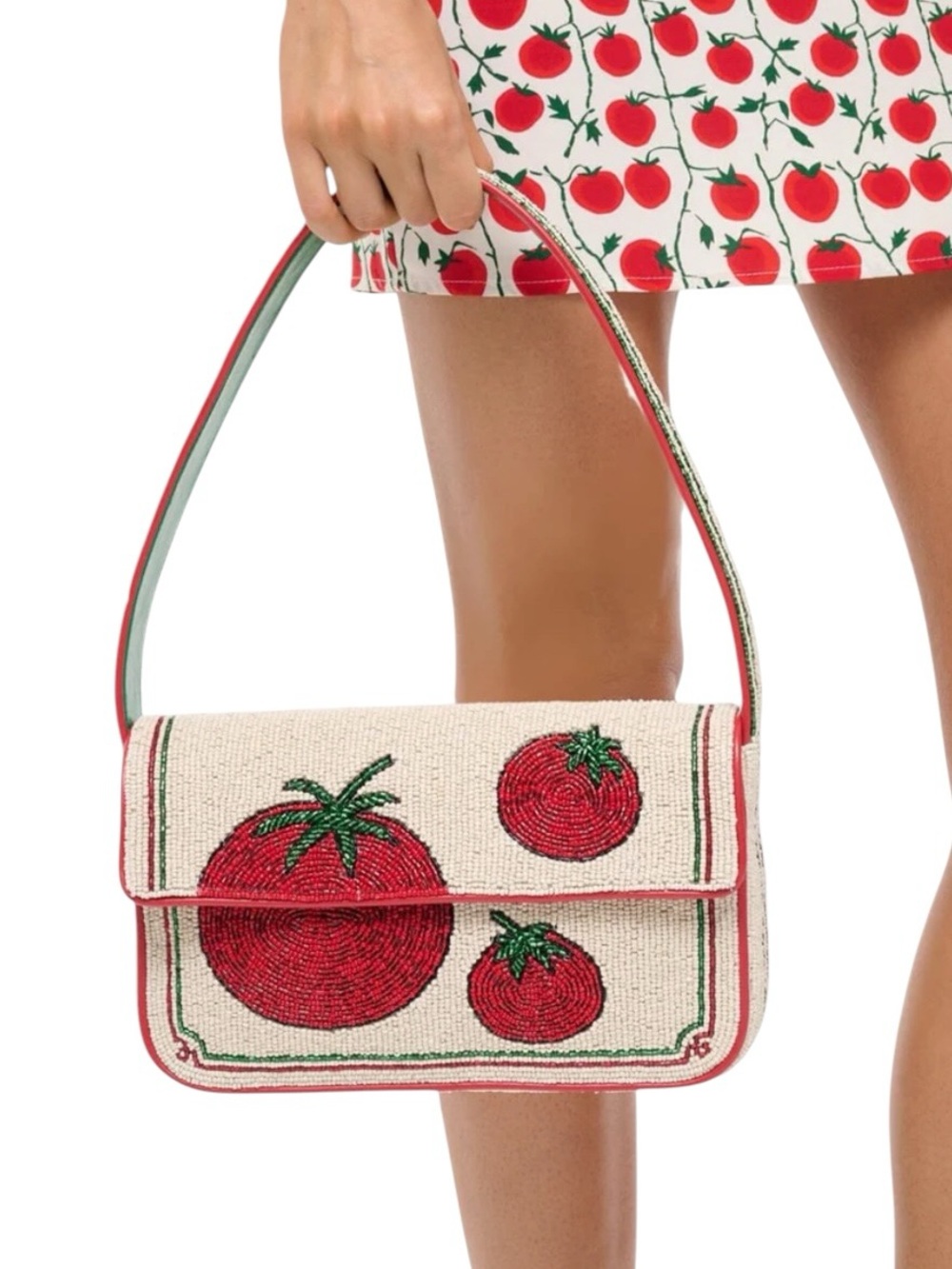 STAUd Tommy Beaded Bag Tomato Print Bag Red White Hand Beaded Designer Purse NWT - Picture 7 of 10